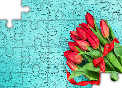 Tulipany, Czerwone, Wstążka, Bukiet