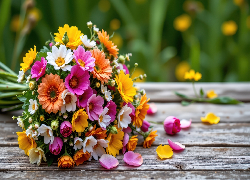Bukiet, Kwiaty, Płatki, Deski