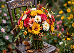 Bukiet, Kwiaty, Drewniane, Krzesło, Liście