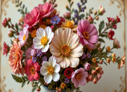 Bukiet, Kolorowe, Białe, Kremowe, Różowe, Kwiaty