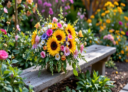 Ławka, Kwiaty, Bukiet, Słoneczniki, Rośliny