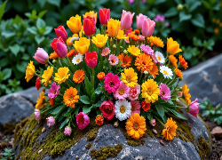 Kwiaty, Kolorowe, Kamień, Bukiet kwiatów