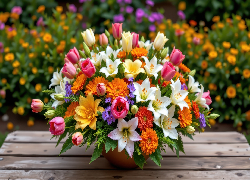 Kwiaty, Tulipany, Lilie, Aksamitki, Wazon, Stół, Bukiet