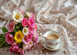 Różowe, Białe, Kwiaty, Bukiet, Filiżanka, Kawa, Płótno, Dekoracja