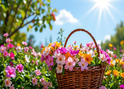 Koszyk, Kwiaty, Niebo, Słońce, Grafika AI
