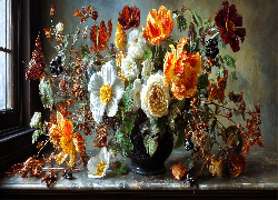 Kolorowe, Kwiaty, Bukiet, Blat, Okno, Grafika AI