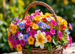 Kolorowe, Kwiaty, Bukiet, Wiklinowy, Koszyk
