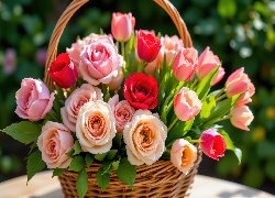 Kwiaty, Róże, Tulipany, Koszyk