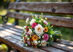Kolorowe, Kwiaty, Bukiet, Drewniana, Ławka, AI
