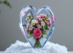 Zima, Kwiaty, Szklane, Serce, Śnieg