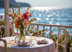 Bukiet kwiatów, Stół, Taras, Morze, Grafika AI