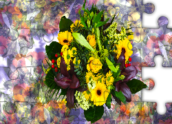 Żółte, Kwiaty, Róże, Gerbery, Bukiet, Kolorowe tło, Grafika