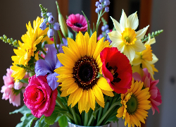 Kolorowe, Kwiaty, Słoneczniki, Róża, Narcyzy, Bukiet