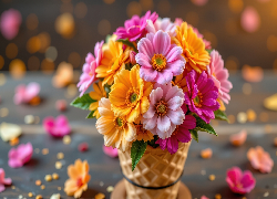 Kolorowe, Kwiaty, Bukiet, Rożek, Wafel