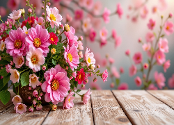 Różowe, Kwiaty, Bukiet, Deski, Grafika AI