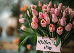 Tulipany, Różowe, Bukiet, Napis, Dzień Matki