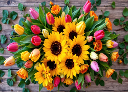 Bukiet kwiatów, Tulipany, Słoneczniki