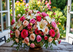 Kwiaty, Róże, Lilie, Bukiet, Stół, Okno