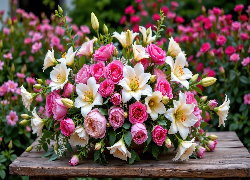 Kwiaty, Róże, Lilie, Piwonie, Bukiet, Stolik, Ogród, AI