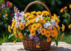 Kwiaty, Nagietki, Bukiet, Koszyk, Stół, Ogród