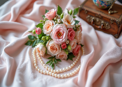 Kwiaty, Róże, Listki, Bukiet, Perły, Naszyjnik, Tkanina, AI