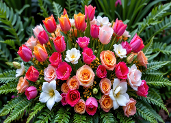 Bukiet, Kwiaty, Róże, Tulipany, Listki