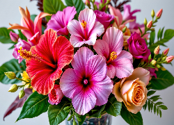 Kwiaty, Hibiskusy, Róże, Bukiet, Grafika AI