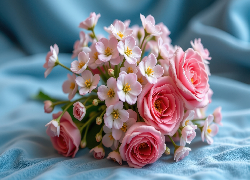 Bukiet, Kwiaty, Róże, Niebieska, Tkanina