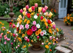 Kolorowe, Kwiaty, Tulipany, Aksamitki, Bukiet, Wazon, Ogród