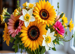 Bukiet kwiatów, Słoneczniki, Narcyzy, Mak