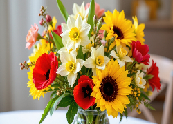 Kwiaty, Słoneczniki, Maki, Narcyzy, Bukiet, Wazon