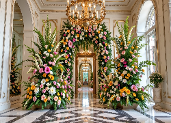 Wnętrze, Hol, Bukiety, Kolorowe, Kwiaty, Żyrandol