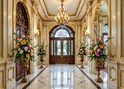 Hol, Bukiety, Kolorowe, Kwiaty, Wazony, Żyrandol, Drzwi