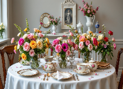 Bukiety, Kwiaty, Wazony, Szklane, Zastawa, Porcelana, Stół