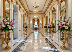 Wnętrze, Hol, Korytarz, Wazony, Bukiety, Kolorowe, Kwiaty, Żyrandole