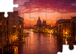 Włochy, Wenecja, Kanał Canal Grande, Bazylika św. Marka, Światła, Łodzie, Zachód słońca, Chmury