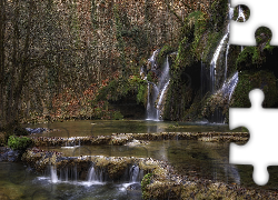 Wodospad, Kaskada, Cascade des tufs, Rzeka, Las, Miejscowość Baume Les Messieurs, Departament Jura, Francja