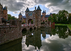 Holandia, Utrecht, Zamek, Castle De Haar, Wieża, Most, Staw, Odbicie