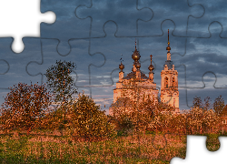 Cerkiew, Drzewa, Rośliny, Chmury, Savinskoye, Obwód jarosławski, Rosja