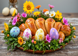 Wielkanoc, Pisanki, Chleb, Kwiaty, Talerz, Grafika AI