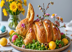 Wielkanoc, Królik, Chleb, Kwiaty, Jajka, Taca, Stół