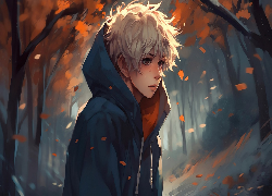 Chłopiec, Drzewa, Jesień, Anime