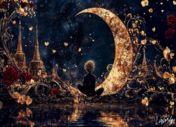 Fantasy, Noc, Półksiężyc, Chłopiec, Czerwone, Róże, Budowle