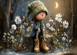 Chłopiec, Czapka, Buty, Pniak, Kwiaty, Noc, Księżyc, Grafika AI