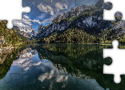 Austria, Góry Dachstein, Jezioro Gosau, Drzewa, Chmury, Odbicie