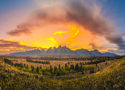 Park Narodowy Grand Teton, Góry, Teton Range, Pole, Drzewa, Zachód słońca, Stan Wyoming, Stany Zjednoczone