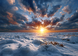 Zima, Ośnieżone, Pole, Chmury, Zachód słońca, Grafika AI