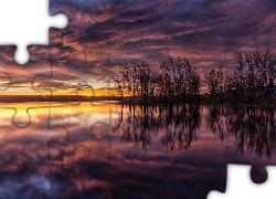 Jezioro, Lake Chatfield, Wschód słońca, Drzewa, Kolorado, Stany Zjednoczone