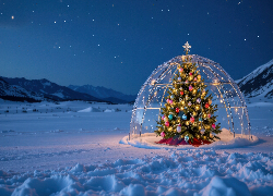 Zima, Góry, Szklane, Igloo, Choinka, Boże Narodzenie