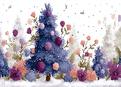 Choinka, Bombki, Kwiaty, Grafika AI, Boże Narodzenie